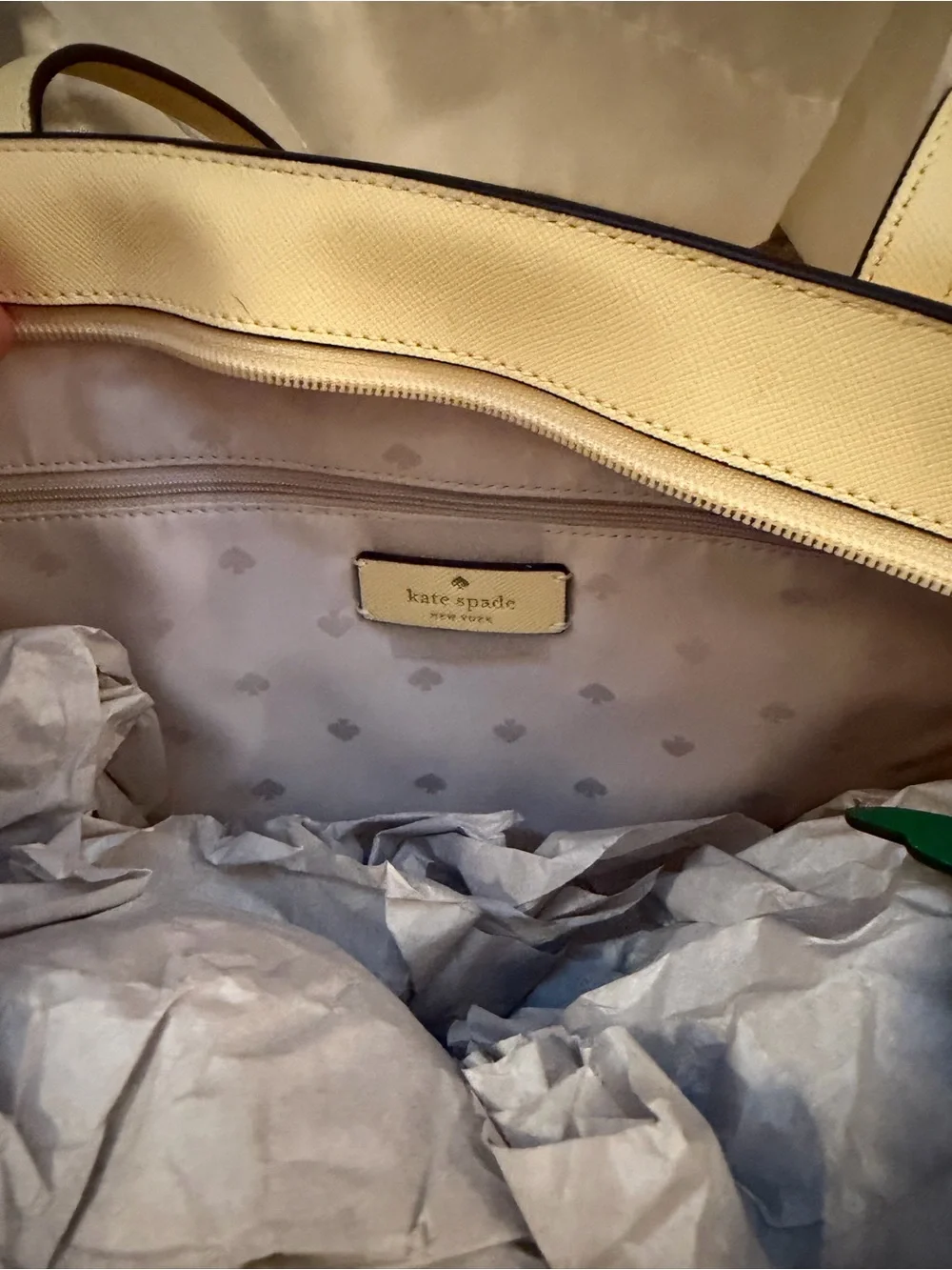 Kate Spade butter yellow tote with blue-green floral charm NWT